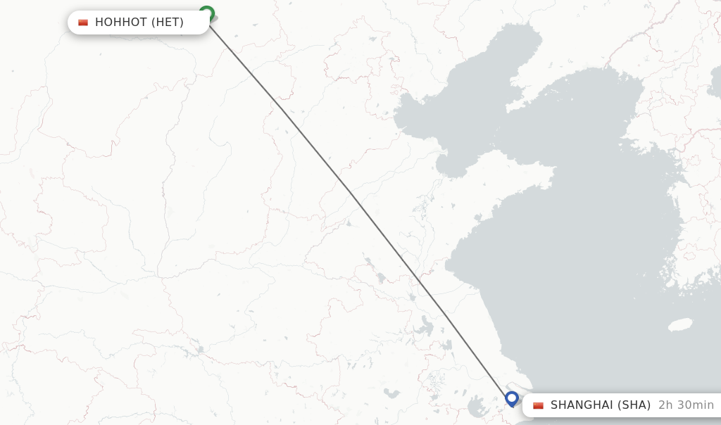 Flights from Hohhot to Shanghai route map