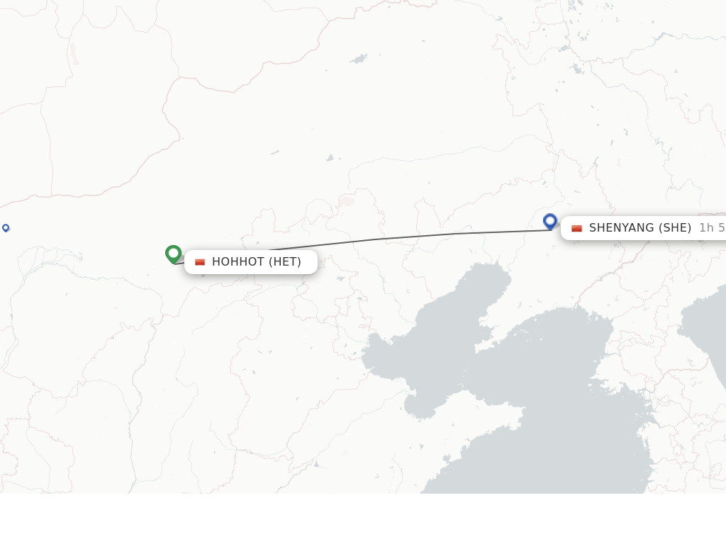 Flights from Hohhot to Shenyang route map