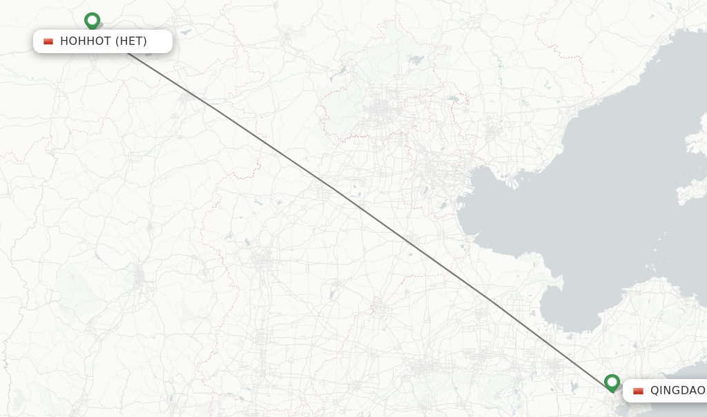 Flights from Hohhot to Qingdao route map