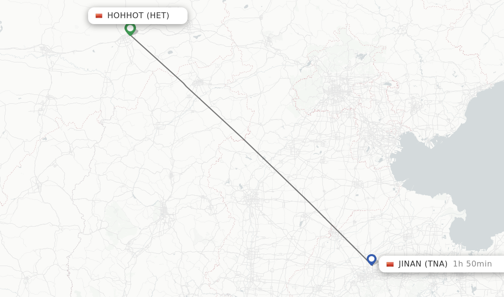 Flights from Hohhot to Jinan route map