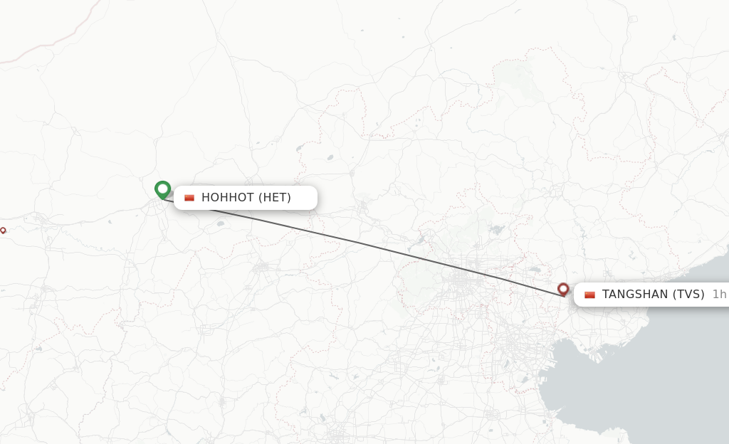 Flights from Hohhot to Tangshan route map