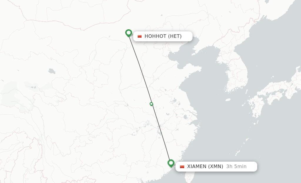 Flights from Hohhot to Xiamen route map