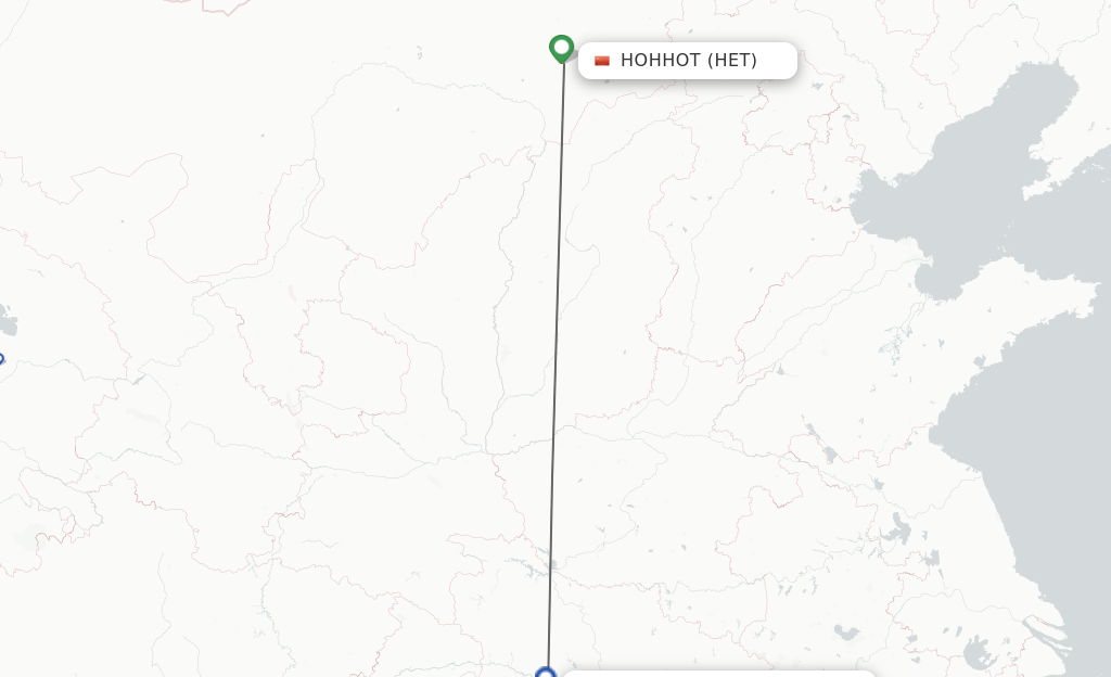 Flights from Hohhot to Yichang route map