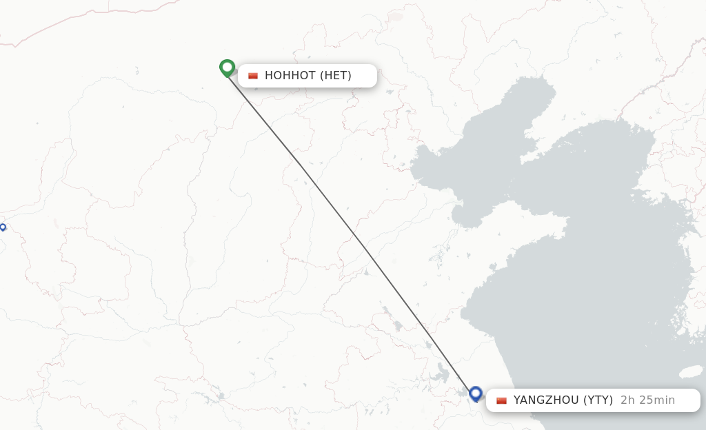 Flights from Hohhot to Yangzhou route map