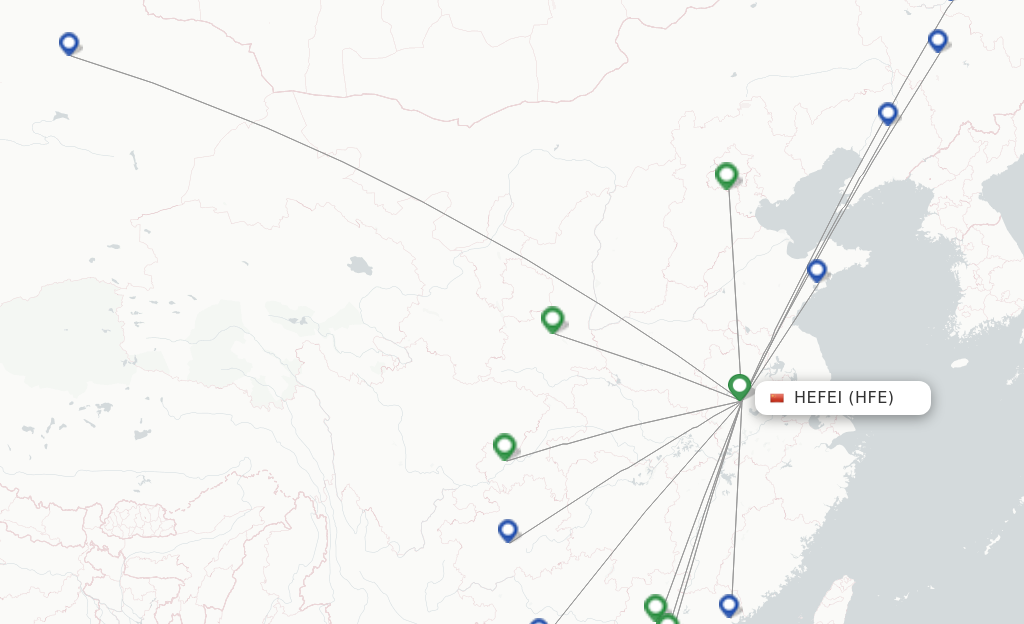 Route map with flights from Hefei with China Southern Airlines