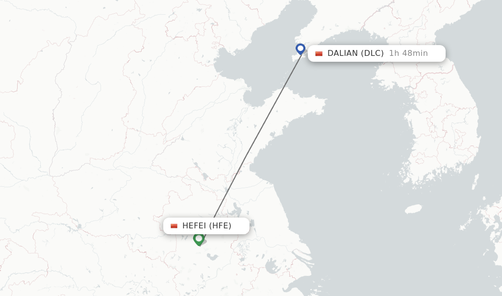 Flights from Hefei to Dalian route map