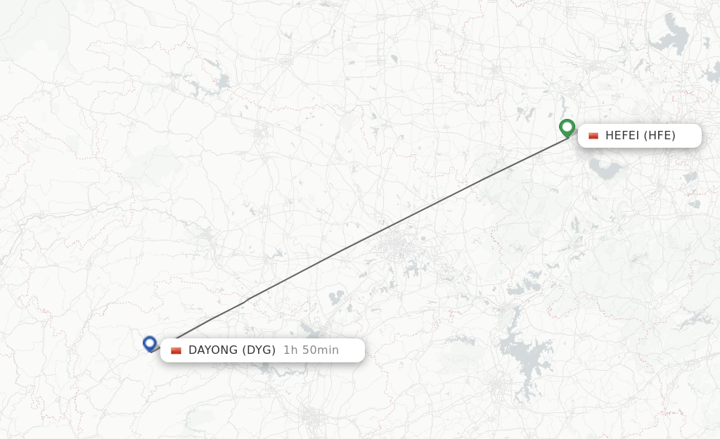 Flights from Hefei to Dayong route map