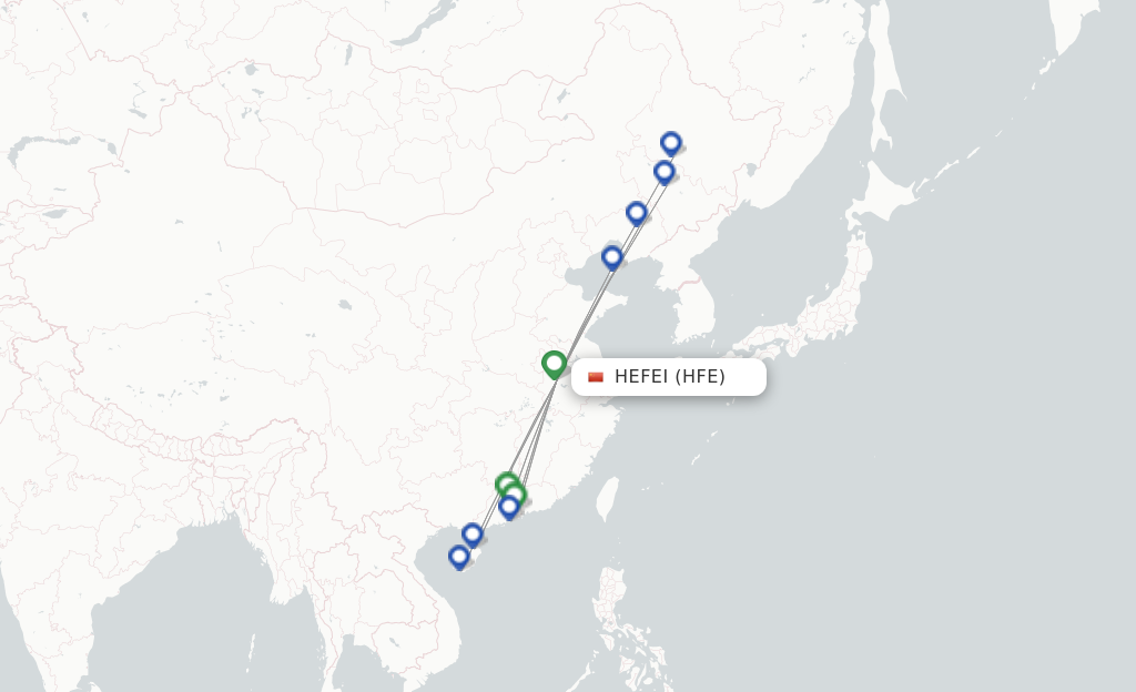 Route map with flights from Hefei with Hainan Airlines