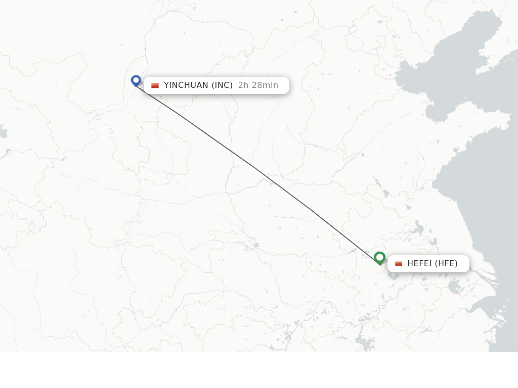 Flights from Hefei to Yinchuan route map