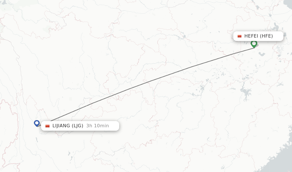 Flights from Hefei to Lijiang route map