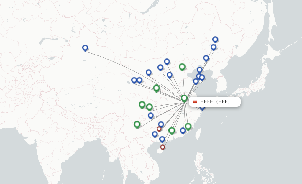 Route map with flights from Hefei with China Eastern Airlines