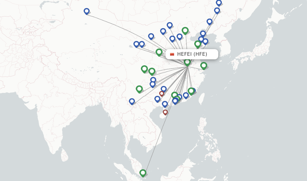 Route map with flights from Hefei with China Eastern