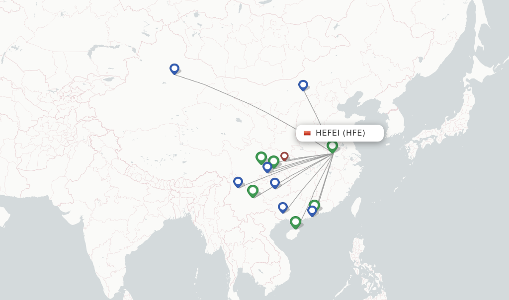 Route map with flights from Hefei with West Air (China)