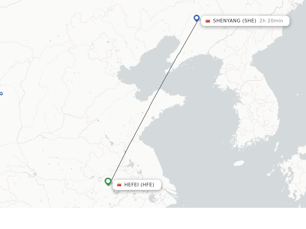 Flights from Hefei to Shenyang route map