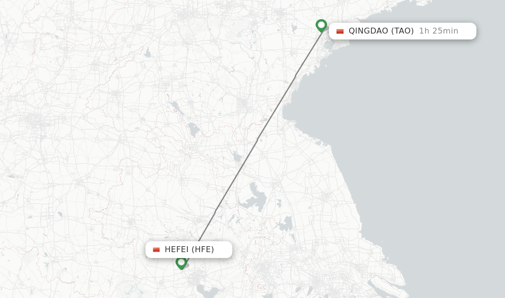 Flights from Hefei to Qingdao route map
