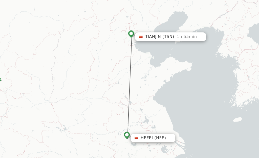 Flights from Hefei to Tianjin route map