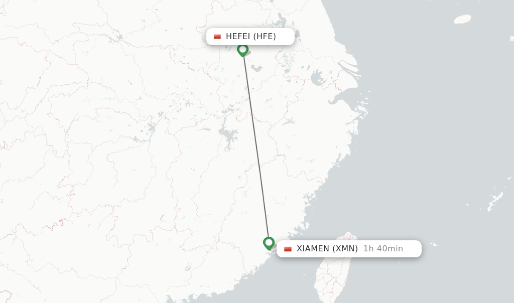 Flights from Hefei to Xiamen route map