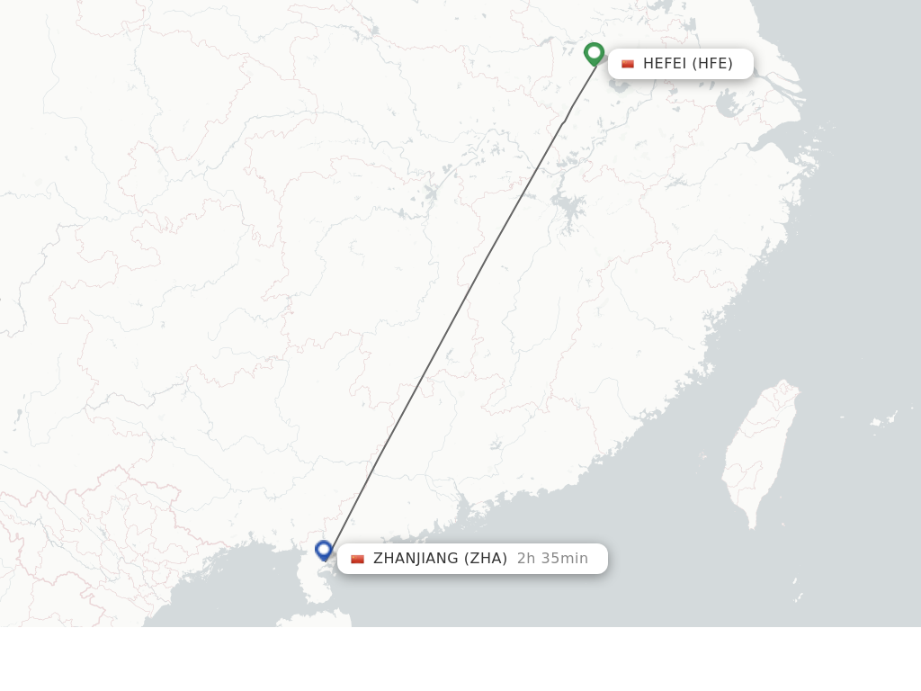 Flights from Hefei to Zhanjiang route map