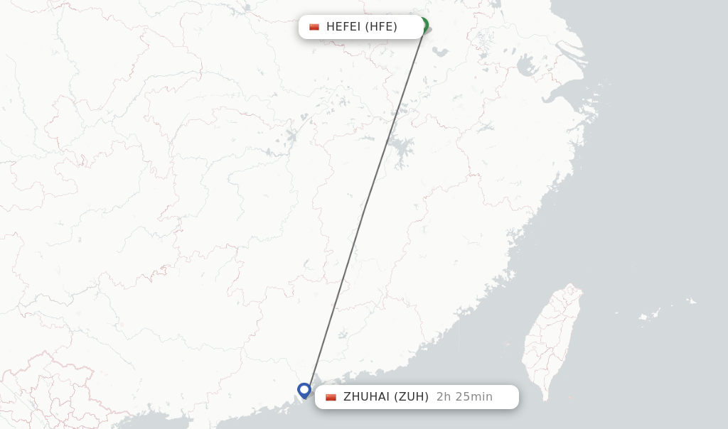 Flights from Hefei to Zhuhai route map