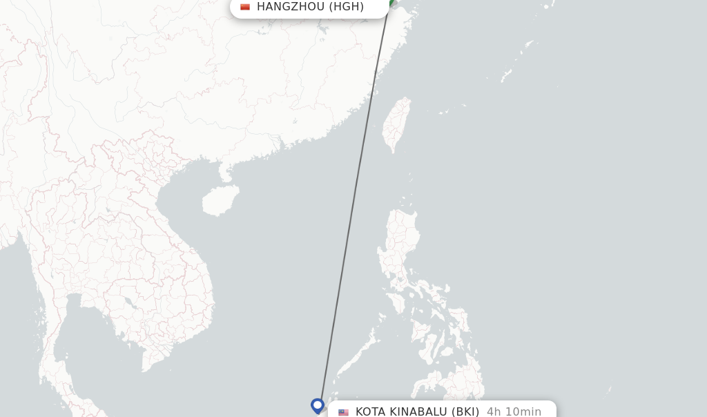 Flights from Hangzhou to Kota Kinabalu route map