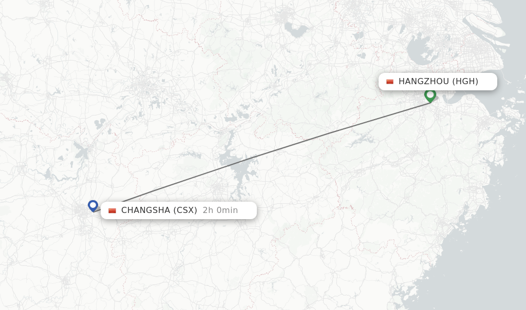 Flights from Hangzhou to Changsha route map