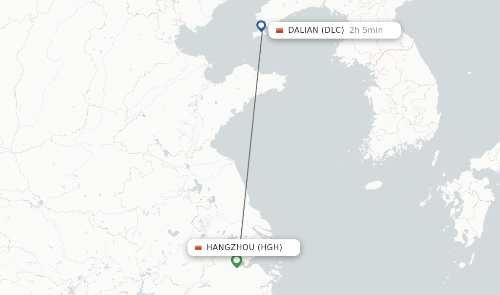 Flights from Hangzhou to Dalian route map