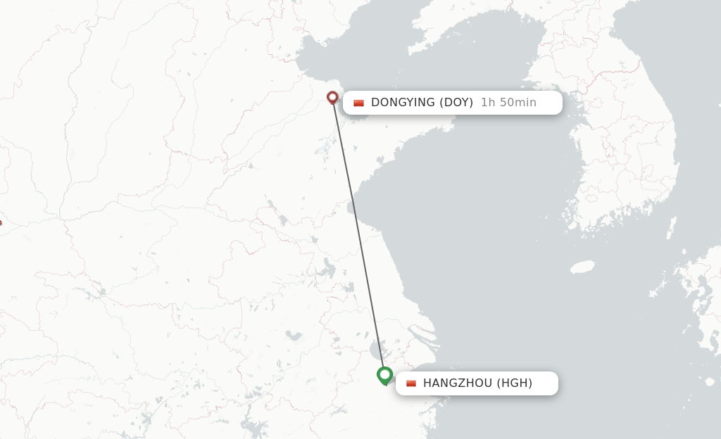 Flights from Hangzhou to Dongying route map
