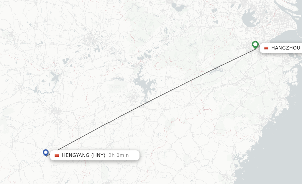 Flights from Hangzhou to Hengyang route map