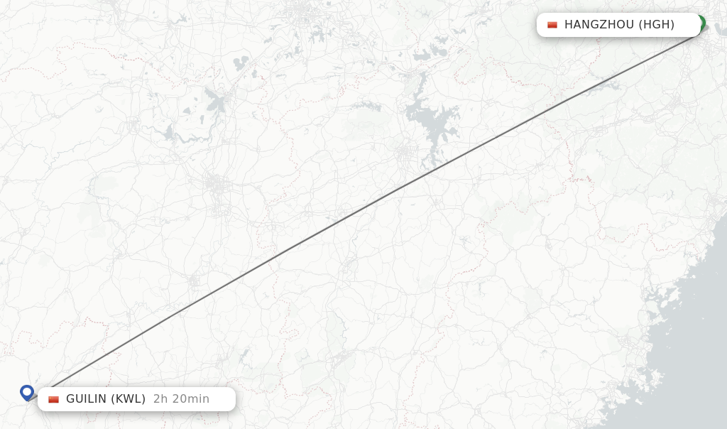 Flights from Hangzhou to Guilin route map
