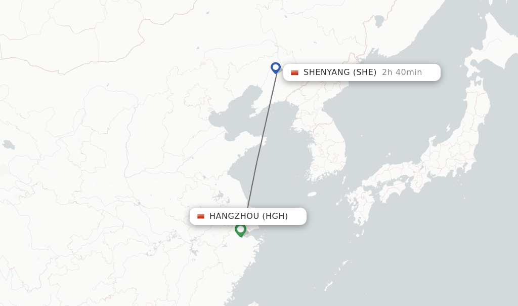Flights from Hangzhou to Shenyang route map