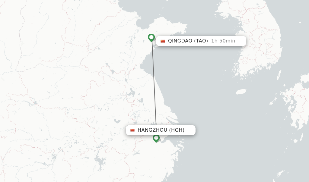 Flights from Hangzhou to Qingdao route map