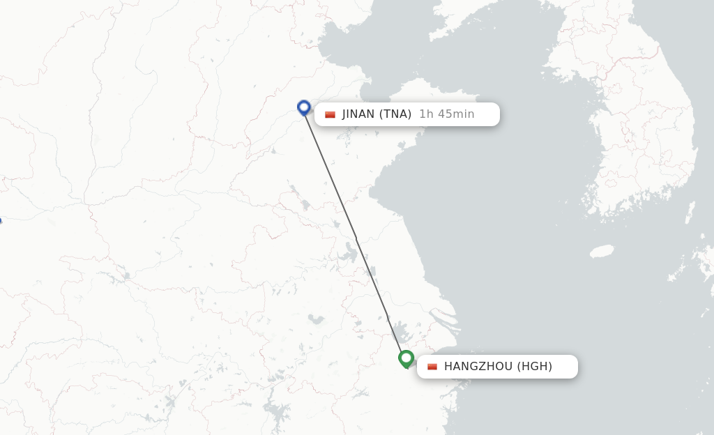 Flights from Hangzhou to Jinan route map