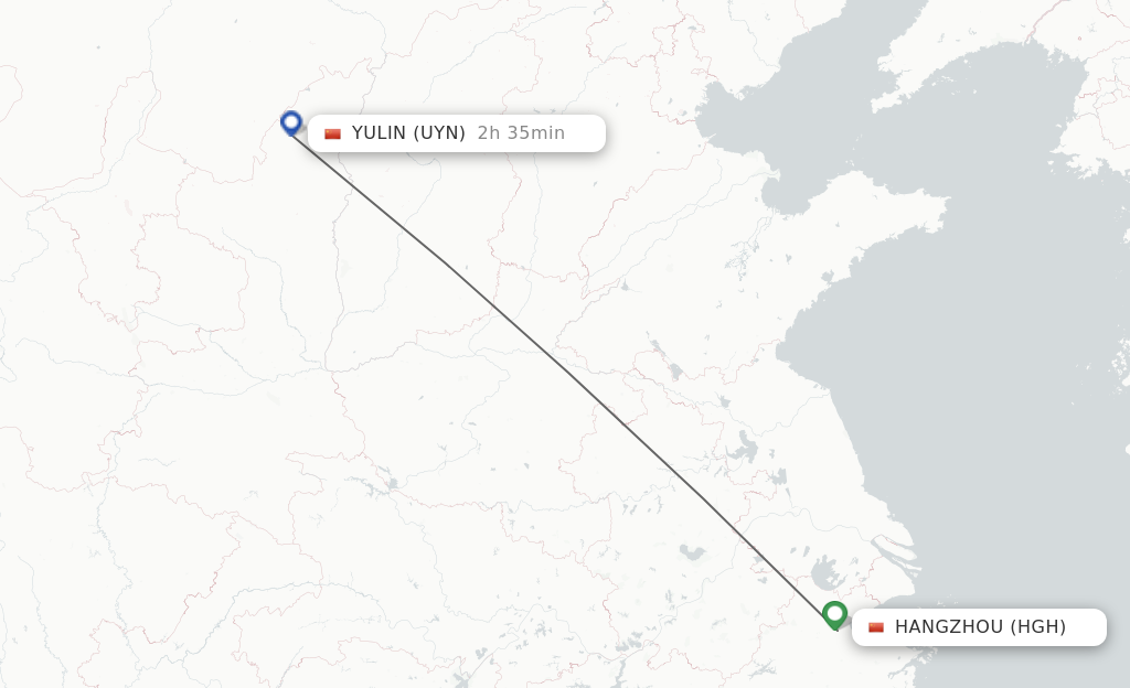 Flights from Hangzhou to Yulin route map