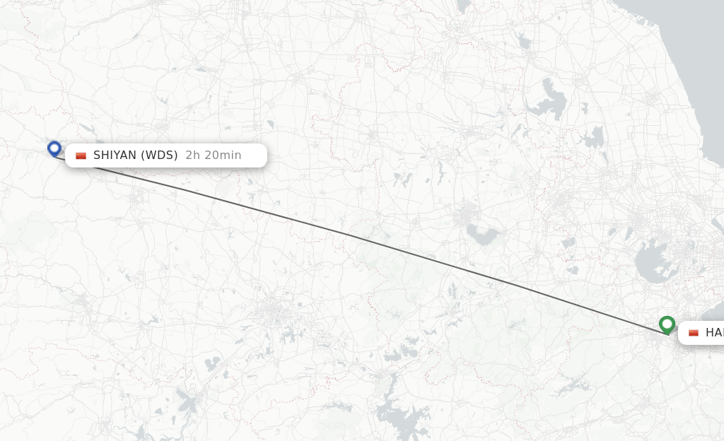 Flights from Hangzhou to Shiyan route map