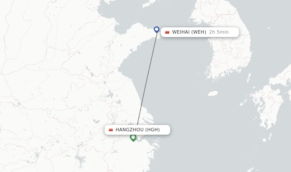 Flights from Hangzhou to Weihai route map