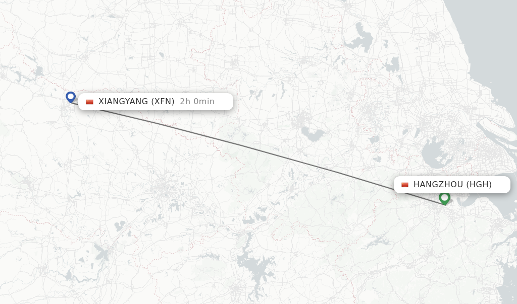 Flights from Hangzhou to Xiangyang route map