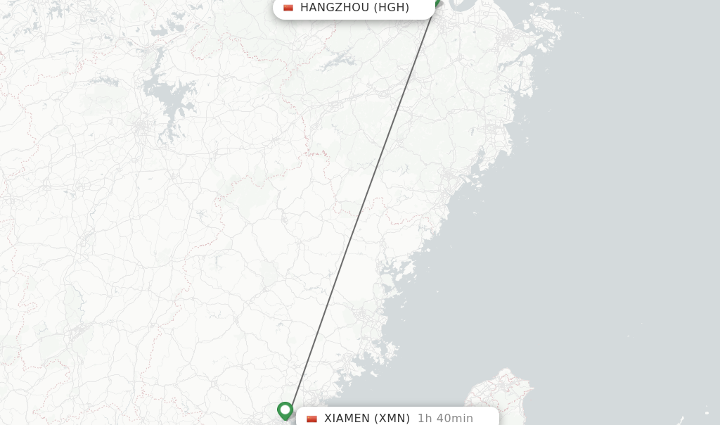 Flights from Hangzhou to Xiamen route map