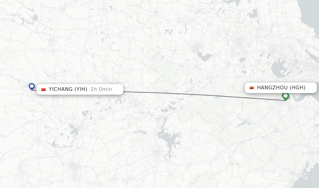 Flights from Hangzhou to Yichang route map