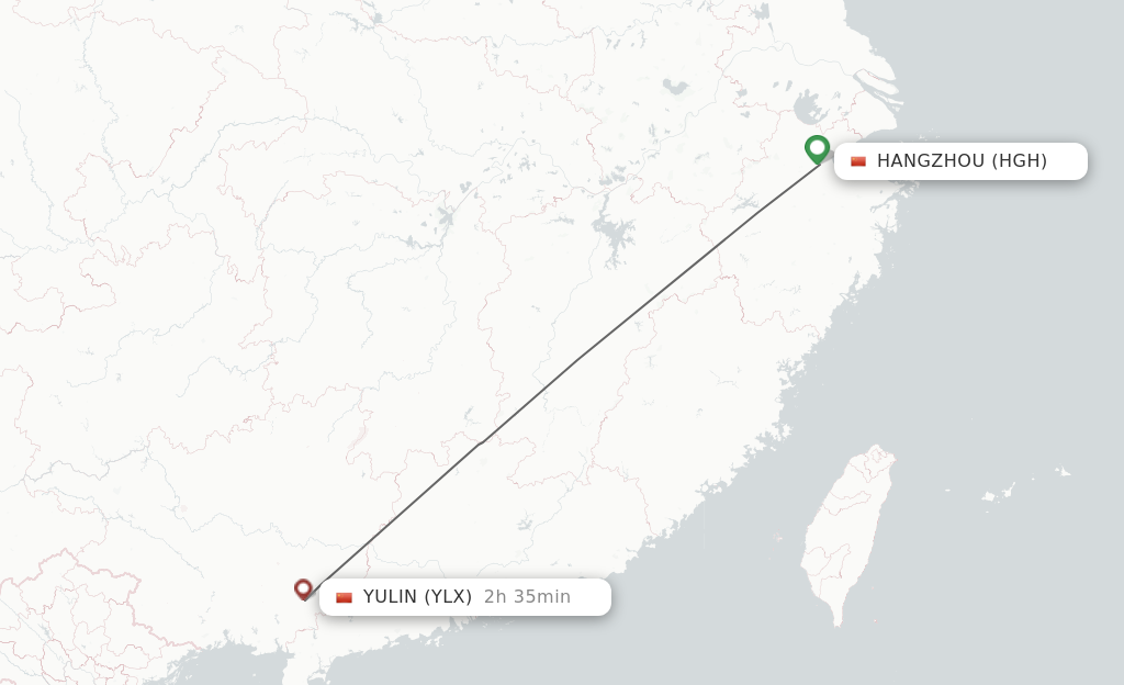 Flights from Hangzhou to Yulin route map