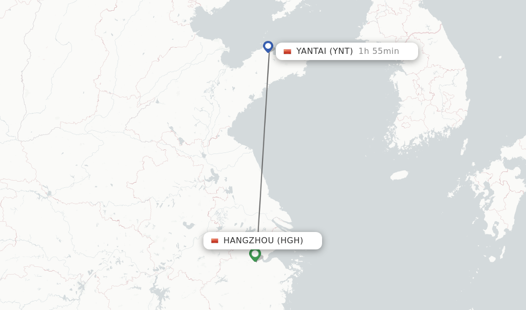 Flights from Hangzhou to Yantai route map
