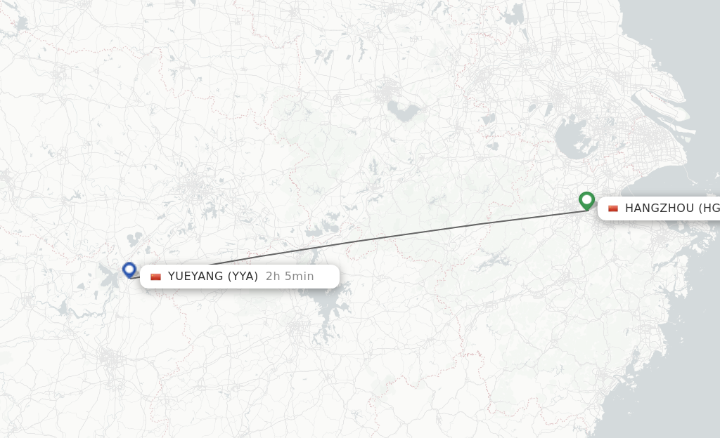 Flights from Hangzhou to Yueyang route map
