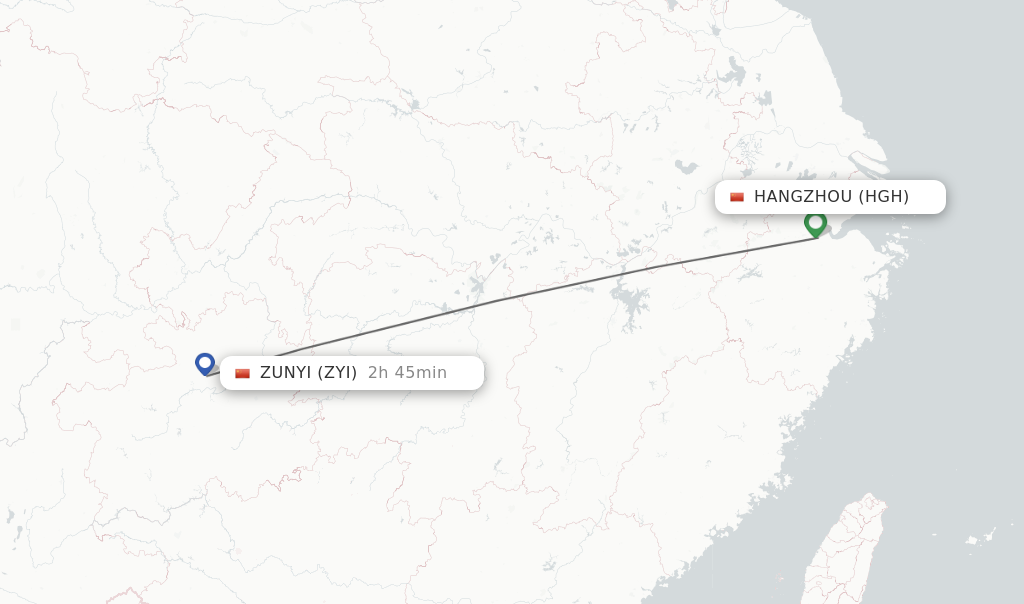 Flights from Hangzhou to Zunyi route map