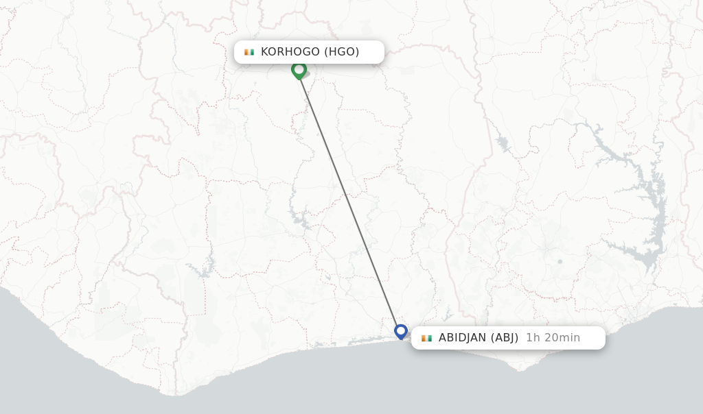 Flights from Korhogo to Abidjan route map