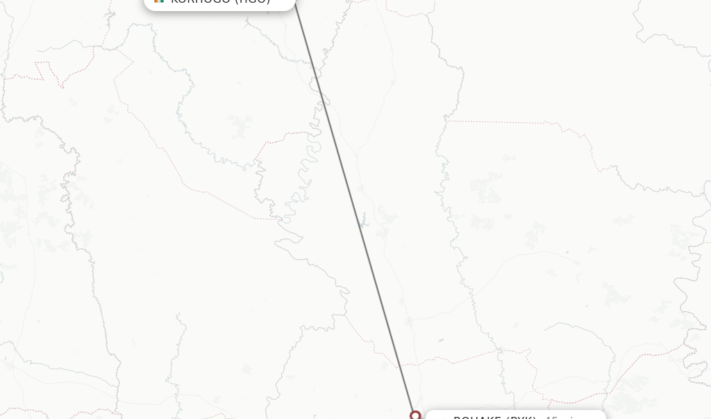 Flights from Korhogo to Bouake route map