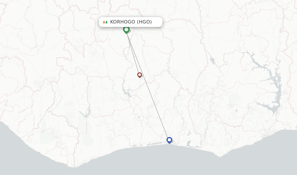 Route map with flights from Korhogo with Air Cote DIvoire