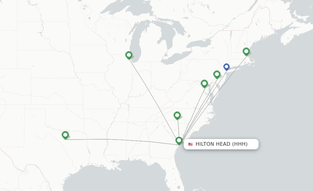 Route map with flights from Hilton Head with American Airlines