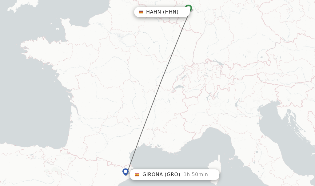 Flights from Hahn to Girona route map