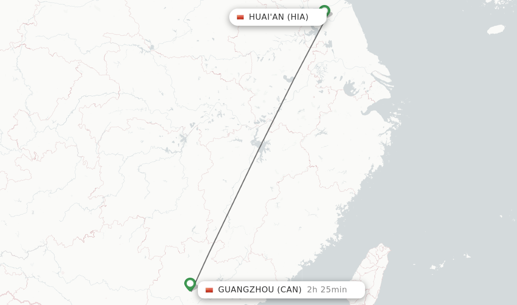 Flights from Huai'an to Guangzhou route map