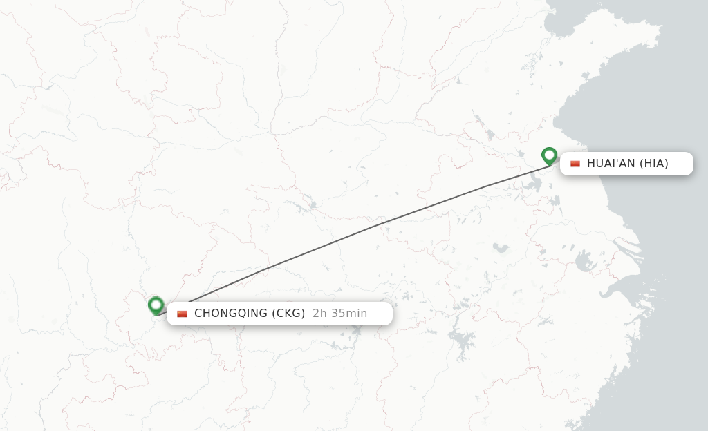 Flights from Huai'an to Chongqing route map