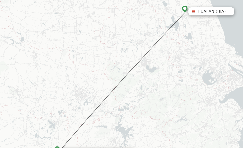 Flights from Huai'an to Changsha route map
